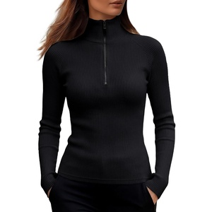 image:imageANRABESS Womens Long Sleeve Quarter Zip Ribbed Slim Fit Tops  Comfy Stretchy V Neck Tops Basic Tee for Work amp Daily Going Out Fall Winter Layering TShirt2026 Casual ClothesBlack