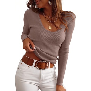 image:imageANRABESS Womens Ribbed Fitted Sweater Long Sleeve Shirts Scoop Neck Lightweight Casual Knit Slim Tops 2026 Fall OutfitsNutmeg
