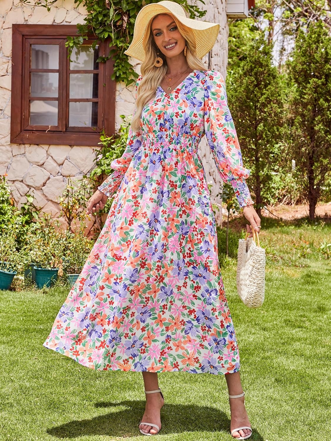 image:imageANRABESS Womens Long Sleeve Floral Maxi Dress Casual V Neck Chiffon Boho Flowy Beach Fall Wedding Guest Party Long DressesCrayon Multicolored Floral