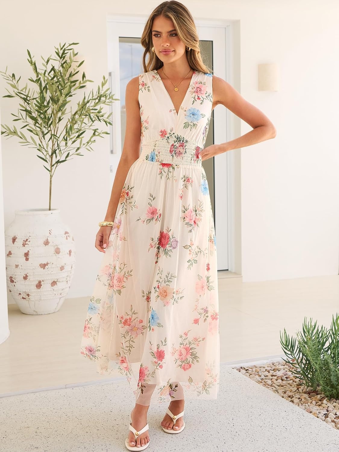 image:imageANRABESS Womens Summer Floral Maxi Dress A Line TulleElegant for Wedding Guest amp Beach VacationFlowy Casual Boho OutfitsMulticolored Rose Apricot