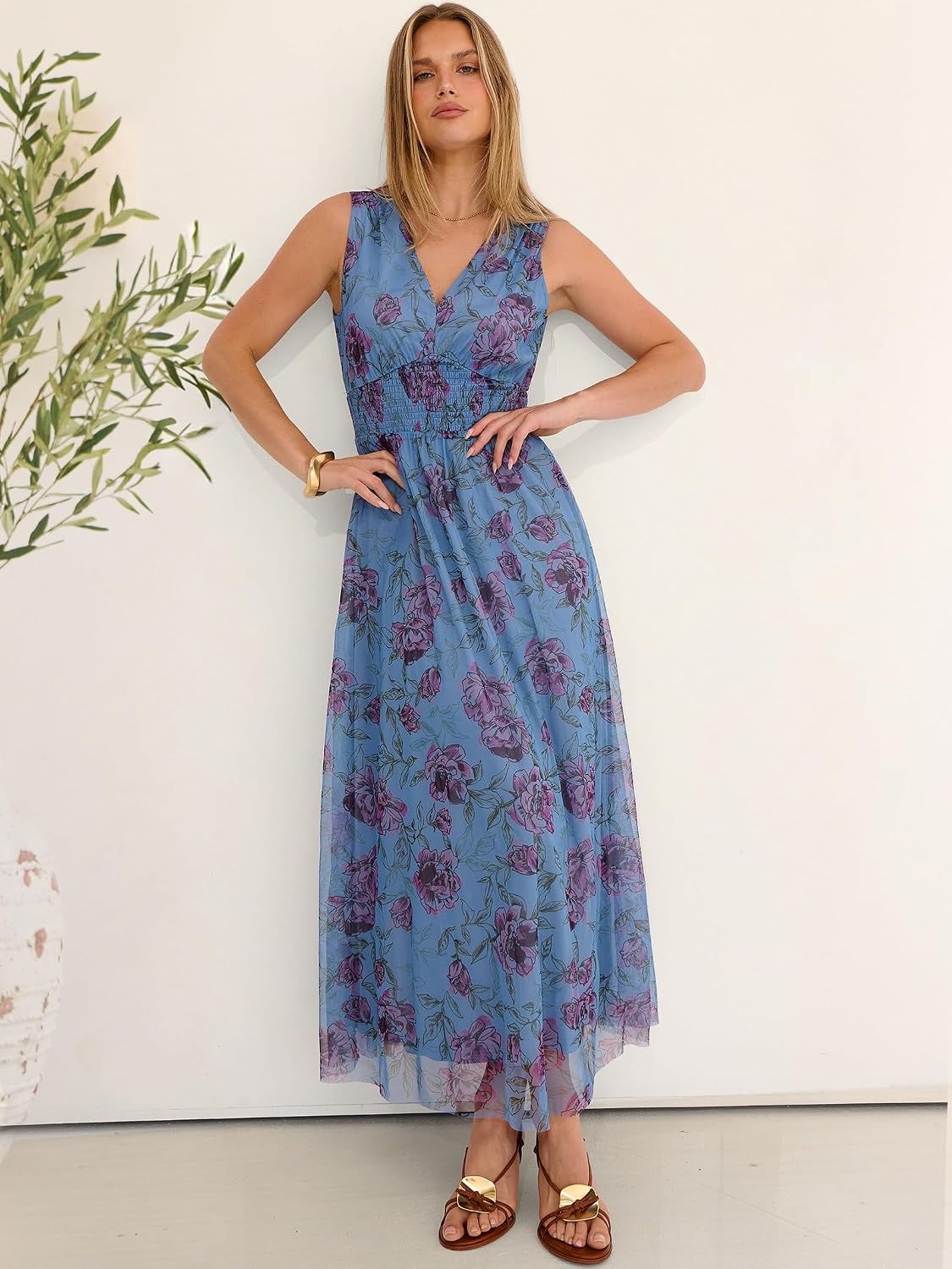 image:imageANRABESS Womens Summer Floral Maxi Dress A Line TulleElegant for Wedding Guest amp Beach VacationFlowy Casual Boho OutfitsMulticolored Rose Blue