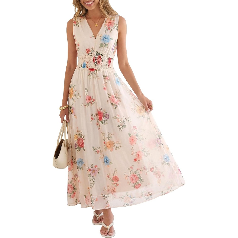 image:imageANRABESS Womens Summer Floral Maxi Dress A Line TulleElegant for Wedding Guest amp Beach VacationFlowy Casual Boho OutfitsMulticolored Rose Apricot