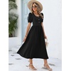 image:imageANRABESS Women Summer Casual Puff Short Sleeve Scoop Neck Smocked Button Up High Waist Flowy Vacation Midi Dresses amp PocketsBlack