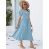 image:imageANRABESS Women Summer Casual Puff Short Sleeve Scoop Neck Smocked Button Up High Waist Flowy Vacation Midi Dresses amp PocketsBright Blue