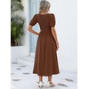 image:imageANRABESS Women Summer Casual Puff Short Sleeve Scoop Neck Smocked Button Up High Waist Flowy Vacation Midi Dresses amp PocketsBrown