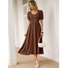 image:imageANRABESS Women Summer Casual Puff Short Sleeve Scoop Neck Smocked Button Up High Waist Flowy Vacation Midi Dresses amp PocketsBrown