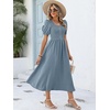 image:imageANRABESS Women Summer Casual Puff Short Sleeve Scoop Neck Smocked Button Up High Waist Flowy Vacation Midi Dresses amp PocketsGrey Blue