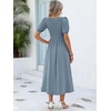 image:imageANRABESS Women Summer Casual Puff Short Sleeve Scoop Neck Smocked Button Up High Waist Flowy Vacation Midi Dresses amp PocketsGrey Blue