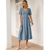 image:imageANRABESS Women Summer Casual Puff Short Sleeve Scoop Neck Smocked Button Up High Waist Flowy Vacation Midi Dresses amp PocketsGrey Blue