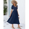 image:imageANRABESS Women Summer Casual Puff Short Sleeve Scoop Neck Smocked Button Up High Waist Flowy Vacation Midi Dresses amp PocketsNavy Blue