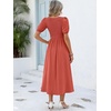 image:imageANRABESS Women Summer Casual Puff Short Sleeve Scoop Neck Smocked Button Up High Waist Flowy Vacation Midi Dresses amp PocketsOrange Red