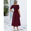 image:imageANRABESS Women Summer Casual Puff Short Sleeve Scoop Neck Smocked Button Up High Waist Flowy Vacation Midi Dresses amp PocketsWine Red