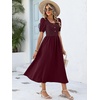 image:imageANRABESS Women Summer Casual Puff Short Sleeve Scoop Neck Smocked Button Up High Waist Flowy Vacation Midi Dresses amp PocketsWine Red
