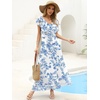 image:imageANRABESS Women V Neck Ruffle Sleeve Floral Pleated Maxi Dresses Summer Boho Belt Empire Waist Wedding Guest Party Flowy DressWhitebased Blue Flower