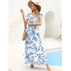 image:imageANRABESS Women V Neck Ruffle Sleeve Floral Pleated Maxi Dresses Summer Boho Belt Empire Waist Wedding Guest Party Flowy DressWhitebased Blue Flower
