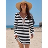 image:imageANRABESS Womens Crochet Swimsuit Cover Up V Neck Mesh Knit Beach Dress Long Sleeve Summer Vacation BeachwearBlack White Stripe
