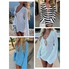 image:imageANRABESS Womens Crochet Swimsuit Cover Up V Neck Mesh Knit Beach Dress Long Sleeve Summer Vacation BeachwearBlack White Stripe