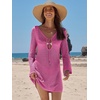 image:imageANRABESS Womens Crochet Swimsuit Cover Up V Neck Mesh Knit Beach Dress Long Sleeve Summer Vacation BeachwearHot Pink