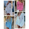 image:imageANRABESS Womens Crochet Swimsuit Cover Up V Neck Mesh Knit Beach Dress Long Sleeve Summer Vacation BeachwearHot Pink