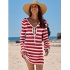 image:imageANRABESS Womens Crochet Swimsuit Cover Up V Neck Mesh Knit Beach Dress Long Sleeve Summer Vacation BeachwearRed White Stripe