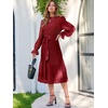 image:imageANRABESS Womens Floral Chiffon Midi Dress Puff Long Sleeve Mock Neck Summer Wedding Guest Party Dresses Fall 2026 OutfitsRed