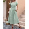 image:imageANRABESS Womens Summer Midi Dress Striped Casual Short Sleeve Crewneck Empire Waist 2026 Flowy Long Beach Dress with PocketsGreen Gingham