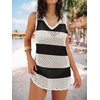 image:imageANRABESS Womens Swimsuit Cover Up 2026 V Neck Knit Swimwear Bathing Suit Crochet Backless Dress Summer Beach Vacation ClothesBlack White Stripe