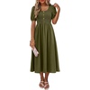 image:imageANRABESS Women Summer Casual Puff Short Sleeve Scoop Neck Smocked Button Up High Waist Flowy Vacation Midi Dresses amp PocketsArmy Green