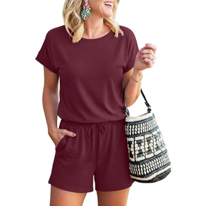 image:imageANRABESS Rompers for Women Summer 2026 Casual Dressy One Piece Tshirt Short Pants Jumpsuit Beach Vacation Outfit ClothesWine Red