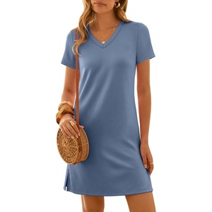 image:imageANRABESS Summer Dress for Women 2026 Vacation Clothes Short Sleeve V Neck Casual WrinkleFree T Shirt Sundress Travel HolidayBlue