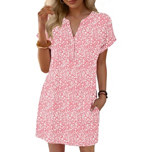 image:imageANRABESS Summer Dresses for Women Casual V Neck Short Sleeve Mini Tshirt Dress 2026 Loose Fit Beach Vacation Shift SundressCoral Pink Floral