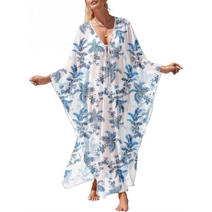 image:imageANRABESS Women Kaftan Moo Moos Dresses Floral Batwing Sleeve V Neck Beach Swimsuit Cover Up Caftan Maxi DressBlue Leaves