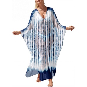image:imageANRABESS Women Kaftan Moo Moos Dresses Floral Batwing Sleeve V Neck Beach Swimsuit Cover Up Caftan Maxi DressBlue White Floral