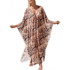 image:imageANRABESS Women Kaftan Moo Moos Dresses Floral Batwing Sleeve V Neck Beach Swimsuit Cover Up Caftan Maxi DressKhaki Brown Floral