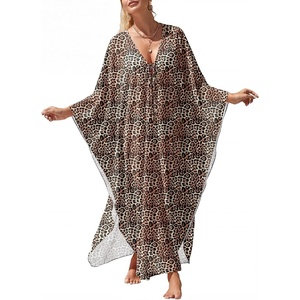 image:imageANRABESS Women Kaftan Moo Moos Dresses Floral Batwing Sleeve V Neck Beach Swimsuit Cover Up Caftan Maxi DressLeopard
