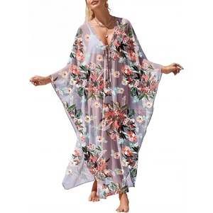image:imageANRABESS Women Kaftan Moo Moos Dresses Floral Batwing Sleeve V Neck Beach Swimsuit Cover Up Caftan Maxi DressRed Flowers Green Leaves