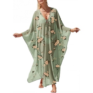 image:imageANRABESS Women Kaftan Moo Moos Dresses Floral Batwing Sleeve V Neck Beach Swimsuit Cover Up Caftan Maxi DressYellow Floral Green