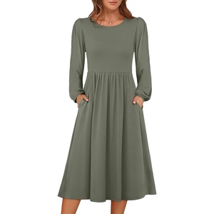 image:imageANRABESS Women Long Sleeve Midi Dress Crewneck Fall Fashion Casual Flowy ALine Long Dresses Vacation Outfit with PocketArmy Green