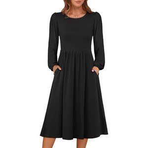 image:imageANRABESS Women Long Sleeve Midi Dress Crewneck Fall Fashion Casual Flowy ALine Long Dresses Vacation Outfit with PocketBlack