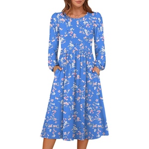image:imageANRABESS Women Long Sleeve Midi Dress Crewneck Fall Fashion Casual Flowy ALine Long Dresses Vacation Outfit with PocketBlue Pink Flower