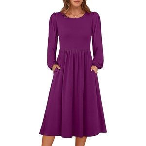 image:imageANRABESS Women Long Sleeve Midi Dress Crewneck Fall Fashion Casual Flowy ALine Long Dresses Vacation Outfit with PocketDeep Purple