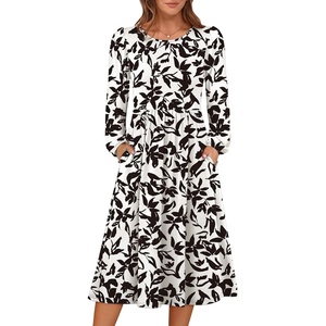 image:imageANRABESS Women Long Sleeve Midi Dress Crewneck Fall Fashion Casual Flowy ALine Long Dresses Vacation Outfit with PocketFloral Black