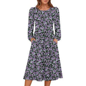 image:imageANRABESS Women Long Sleeve Midi Dress Crewneck Fall Fashion Casual Flowy ALine Long Dresses Vacation Outfit with PocketFloral Black Purple