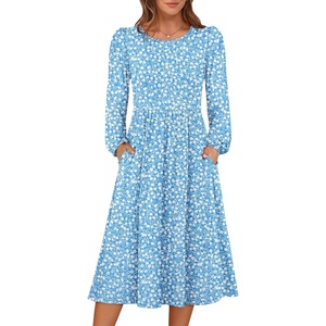 image:imageANRABESS Women Long Sleeve Midi Dress Crewneck Fall Fashion Casual Flowy ALine Long Dresses Vacation Outfit with PocketFloral Blue White