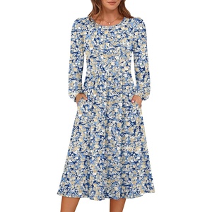 image:imageANRABESS Women Long Sleeve Midi Dress Crewneck Fall Fashion Casual Flowy ALine Long Dresses Vacation Outfit with PocketFloral Blue Yellow