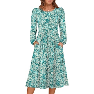 image:imageANRABESS Women Long Sleeve Midi Dress Crewneck Fall Fashion Casual Flowy ALine Long Dresses Vacation Outfit with PocketFloral Green