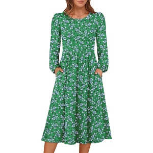 image:imageANRABESS Women Long Sleeve Midi Dress Crewneck Fall Fashion Casual Flowy ALine Long Dresses Vacation Outfit with PocketFloral Green Purple