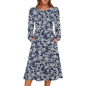 image:imageANRABESS Women Long Sleeve Midi Dress Crewneck Fall Fashion Casual Flowy ALine Long Dresses Vacation Outfit with PocketFloral Navy Blue White