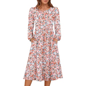 image:imageANRABESS Women Long Sleeve Midi Dress Crewneck Fall Fashion Casual Flowy ALine Long Dresses Vacation Outfit with PocketFloral Pink