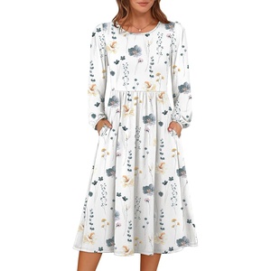 image:imageANRABESS Women Long Sleeve Midi Dress Crewneck Fall Fashion Casual Flowy ALine Long Dresses Vacation Outfit with PocketFloral White